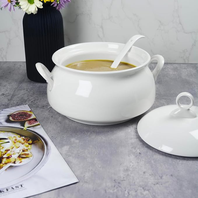 Ceramic Serving Soup Tureen Bowls with Lid and soup spoon, 2.4 QT White French Serving Tureen, Lovely Soup Pot for Casserole dish Salad Pasta Noodles Stew, Microwave Dishwasher Safe