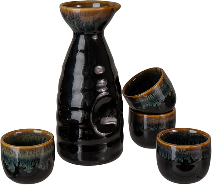 Urban Tokyo Japanese Sake 5 Piece Set Include 1 Sake Bottle and 4 Cups for Hot or Cold Sake Home or Restaurant Use Reactive Glazed Ceramic (Black Brown)