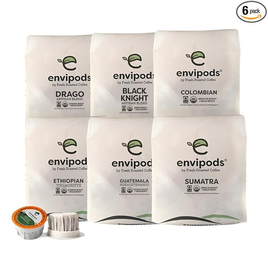 Fresh Roasted Coffee, Organic envipods Variety Pack, BPI Compostable, USDA Organic, Kosher 72 Count for K Cup Brewers Not for use in Ninja or Hamilton Beach Brewers