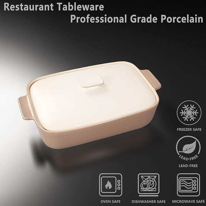 10" x 7" Casserole Dish 1.7 Quart Ceramic Bakeware Set with Lids, Chip and Crack Resistant Ceramic Casserole Dish with Handle 11.6 In, Microwave, Dishwasher, Oven, Freezer and Fridge Safe