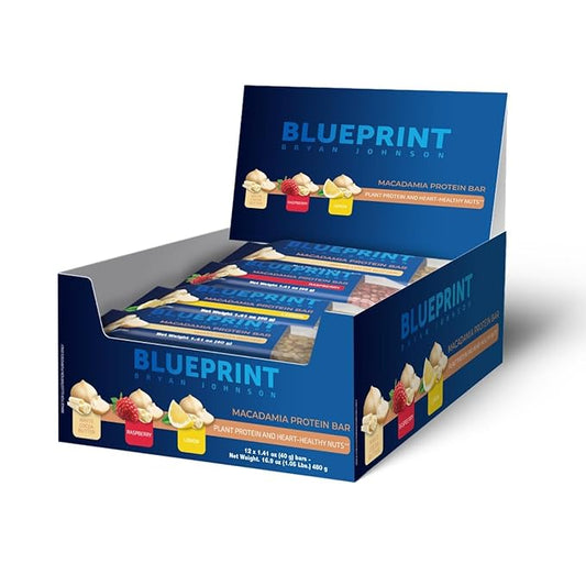 Blueprint by Bryan Johnson Macadamia Nut Protein Bars ??Variety Pack Protein Bars - Lemon, White Cocoa & Raspberry ??Vegan, Low Sugar, Keto-Friendly Snacks ??Non-GMO, Raw Nut Bar??9g Protein ??12 Pack