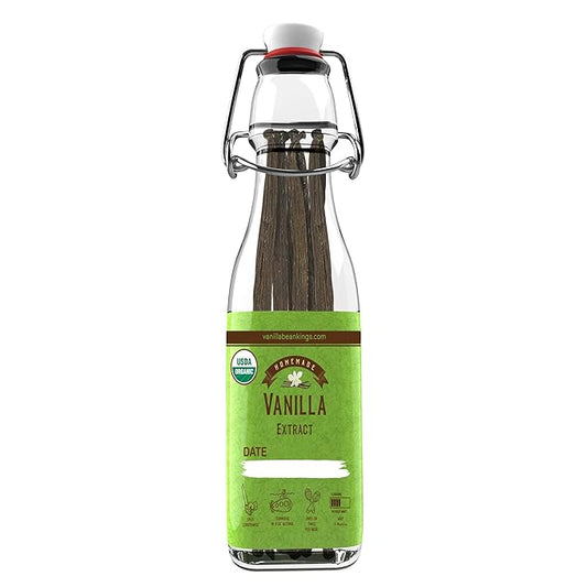 Homemade Vanilla Extract Kit | DIY | 1 Ounce of Premium Organic Madagascar Grade A Vanilla Beans 6-7 inches (Appoximately 8-10 Beans) with 8.5 oz Swing Top Glass Bottle
