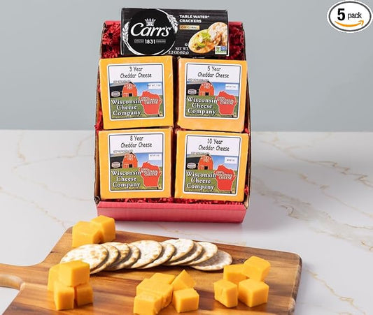 Wisconsin Cheese Company - 100% Wisconsin Aged Cheddar Cheese & Cracker Gift Box - Aged Cheddar (3 Year, 5 Year, 8 Year & 10 Year) | Premium Wisconsin Cheese | Large Gift Box | Perfect for Parties, Charcuterie Boards and Birthday Gifts