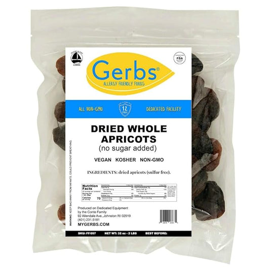 Gerbs Dried Apricots 2 lbs. | Unsulfured, No Additives, Resealable Bag | Naturally Sweet & Chewy | Top 14 Allergen-Free