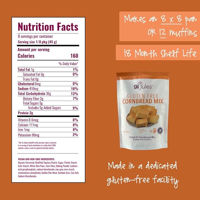 gfJules Certified Gluten Free Cornbread Baking Mix | No Grit, Non-GMO, Vegan | Certified Top 9 Allergen-Free & Kosher | 13 Ounces