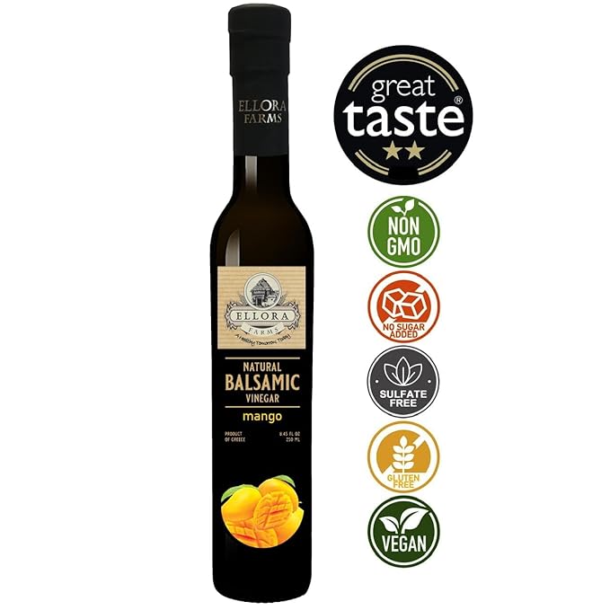 Ellora Farms, Mango fruit Infused Greek Balsamic Vinegar, thick and creamy, no-added sugars, no-preservatives, 8.45 oz. bottle, Pack of 1