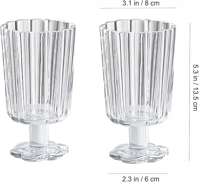 Footed Ice Cream Cups Drinking Glasses Set of 2 (Transparent), Flower Petal Style Glass Goblet, Suitable for Juice, Ice cream, Cocktails, Dessert & More.