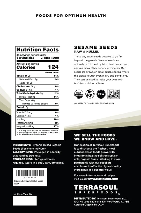 Terrasoul Superfoods Organic Hulled Sesame Seeds, 2 Lbs - Perfect for Tahini | Gluten-free | Raw