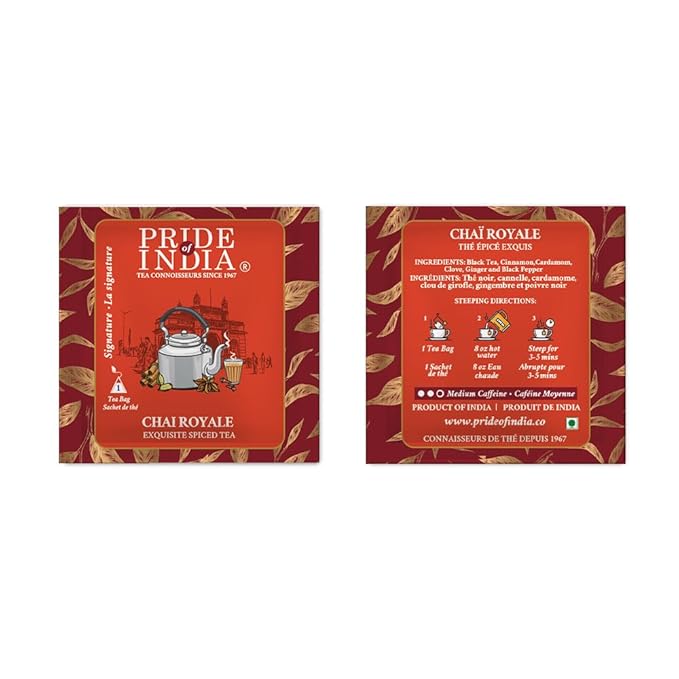 Pride of India | Chai Royale Exquisite Spiced Tea 1 oz (28.3 gm) | 15 Pyramid Full Leaf Individually Wrapped Tea Bags | 100% Natural Blend of Black Tea & Spices |Bold & Spicy Flavor
