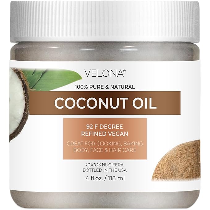 Coconut Oil 92 Degree by Velona - 4 fl oz | 100% Pure and Natural Carrier Oil | in jar | Refined, Cold pressed | Skin, Face, Body, Hair Care | Use Today - Enjoy Results
