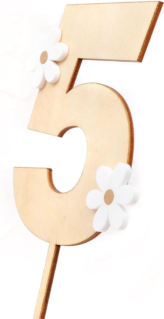 Wooden Daisy Cake Topper For 5th Birthday - Daisy Birthday Party Decor, Retro Groovy Birthday, Boho Birthday, Wooden Cake Decorating Supplies, 5th Anniversary (Daisy 5 Cake Topper)