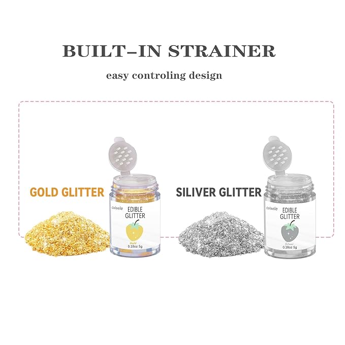 Gold Silver Edible Glitter Glimmer Powder for Cakes Drinks - Colaele 5 grams Food Grade Luster Dust Metallic Food Decorating Sprinkle Disco Brew Dust for Cake Decorations Wine Beverage Dessert, Vegan