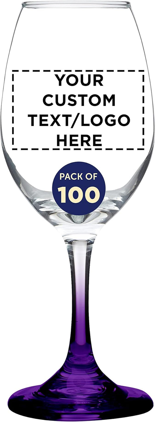 Custom Rioja Wine Glasses with Stem 10 oz. Set of 100, Personalized Bulk Pack - Color Bottom, Perfect for Wedding, Party Favors, Birthday, Bridal Shower Gifts - Purple