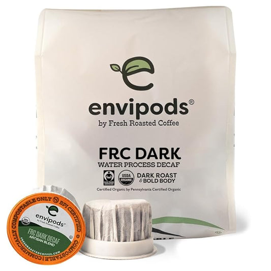 Fresh Roasted Coffee, Organic FRC Dark Water-Processed Decaf envipods | BPI Compostable, USDA Organic, Kosher | Dark Roast 12 CT for K Cup Brewers | Not for use in Ninja or Hamilton Beach Brewers