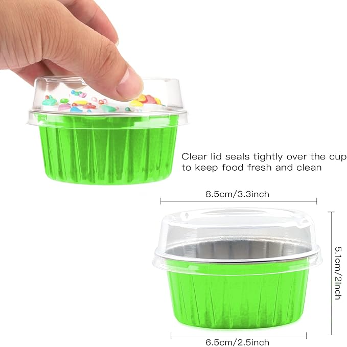 50 Pack Baking Cups with Lids, Aluminum Foil Cupcake Cups Muffin Liners, Disposable Foil Ramekins, Cupcake Holders Dessert Containers Mini Pudding Cups (Green)