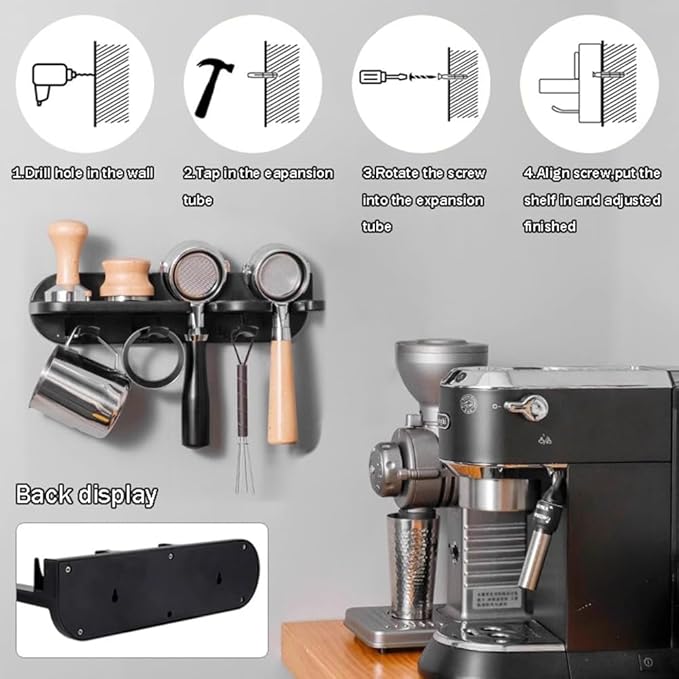 Coffee Portafilter Wall Mount Rack, Space Saving Floating Wall Shelves Coffee Station Organizer, Espresso Tools Portafilter Holder for Bar, Home, Office (54mm)