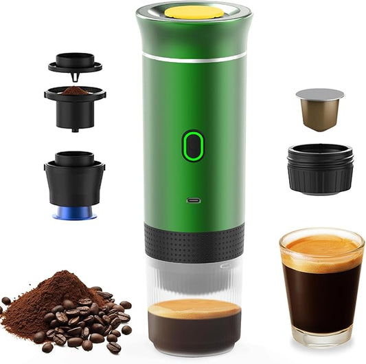 Decdeal Cordless Coffee Machine for Car Home Travel 3 in 1 Electric Coffee Maker Work With Capsule and Ground Coffee 15Bar Mini Cold Brew and Heating Coffee Maker with 150ml Cup