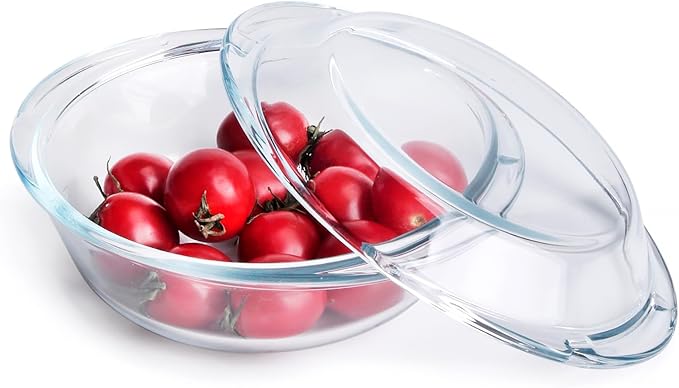 Round Glass Casserole Dish with Glass Lid, Nesting Glass Baking Dish, Heat, Cold and Shock Proof, Oven, Freezer and Dishwasher Safe (0.5L)