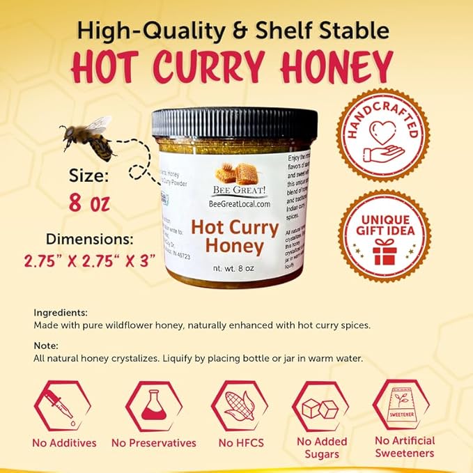 Curry Hot Honey, All-Natural Hot Honey Sauce for Chicken, Fish & Shrimp, & More Gluten-Free Spicy Honey Hot Sauce, Made in USA, 8 Oz, by Bee Great