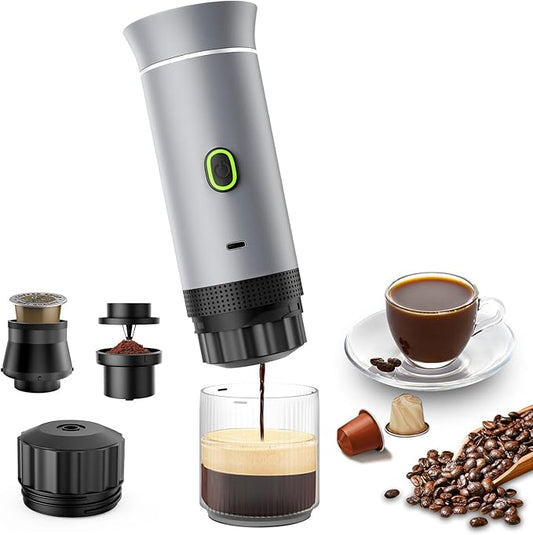 3-in-1 Portable Espresso Maker, Travel Coffee Maker, Self-Heating Car Coffee Maker with USB-C, Small Espresso Machine with Ground Coffee & Capsules (NS竊낪G) for RV, Hiking, Office (silver)