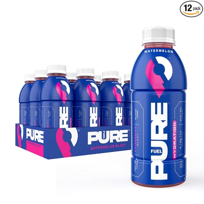 Pure Fuel Hydration Drinks Watermelon Blast - Plant-Based Healthy Electrolyte Drinks with B-Vitamins - No Added Sugar - 12 Pack x 16.9 fl oz Bottles