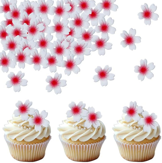 100 PCS Edible Cherry Blossom Cupcake Toppers Wafer Paper Flowers Cupcake Picks Edible Oriental Cherry Cake Decorations for Spring Bridal Engagement Baby Shower Birthday Party Cake Decoration Supplies