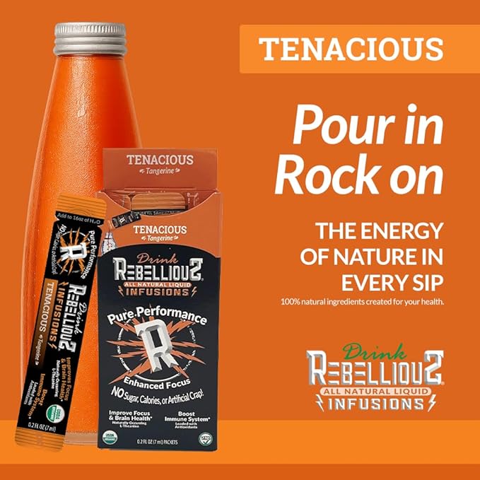 Rebellious Tenacious Tangerine Organic Drink Mix ??Zero Calorie Energy Drink Mix | Monk Fruit & Green Tea Extract | L-Theanine + Natural Caffeine | 100% Plant-Based | Pack of 10 | Keto,Gluten-Free
