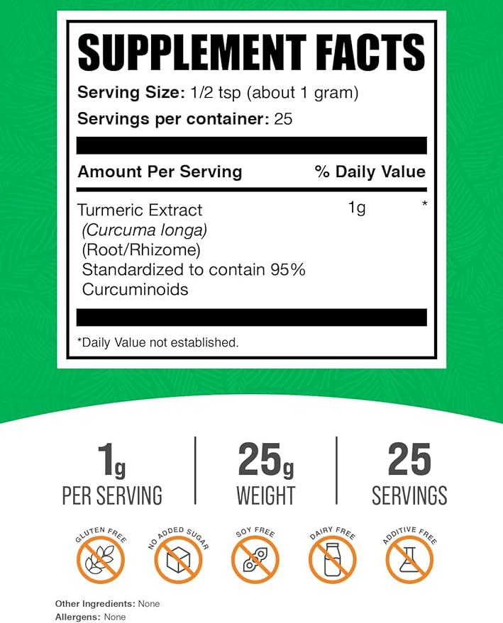 BulkSupplements.com Turmeric Extract Powder - from Turmeric Root, Curcumin Supplements, Turmeric Curcumin Powder - Gluten Free, 1g per Serving, 25g (0.88 oz) (Pack of 1)