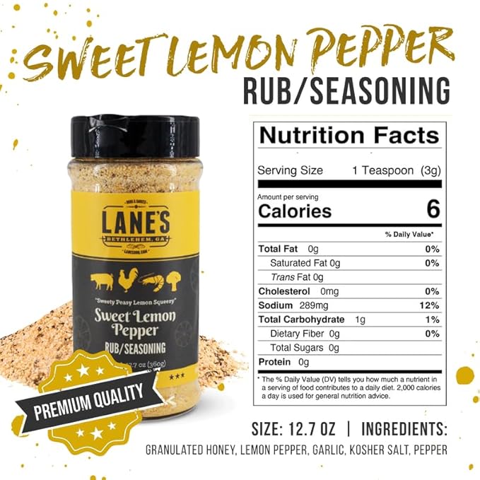 Lane's Sweet Lemon Pepper Seasoning, All-Natural Lemon Seasoning Blend with Citrus, Lemon Pepper Powder, and Honey, Made in USA, 12.7 Oz