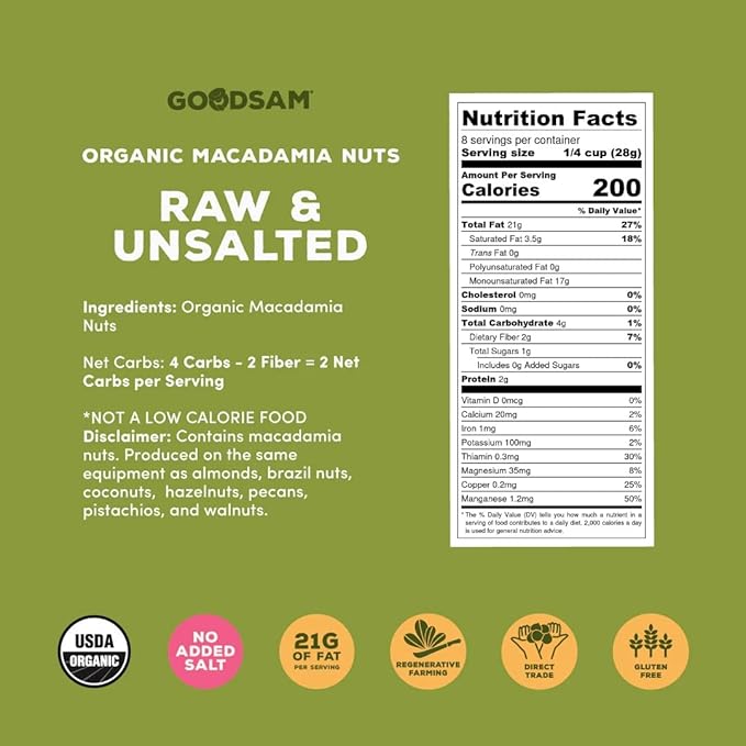 goodSAM Organic Raw Macadamia Nuts – Unsalted, Whole Nuts – Buttery Creamy Flavor – Sustainably Grown on Regenerative Family Farms – High Fat Low Carb Keto Friendly Snacks - 0.5lb Pouch