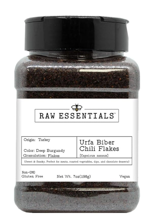Raw Essentials Urfa Biber Chili Flakes ??Sweet & Smoky ??Used to flavor Meats, Roasted Vegetables, Dips, and Chocolate ??Non-GMO, Gluten Free, & Vegan - 7 Ounce Bottle