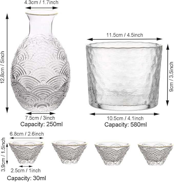 Glass Sake Set, Clear Glass Sake Bottle Set Including 1 Warming Mug, 1 Sake Pot, 4 Sake Cups, Sake Set Hot Sake or Iced Sake for Sake Lovers