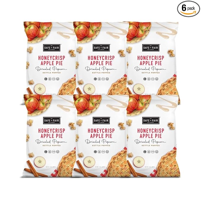 Safe + Fair Plant-Based Gourmet Apple Pie Flavored Popcorn - Honeycrisp Apple Pie Drizzled Kettle Corn Popcorn Non-GMO Gluten-Free Snacks 5.5 ounce, 6 Pack