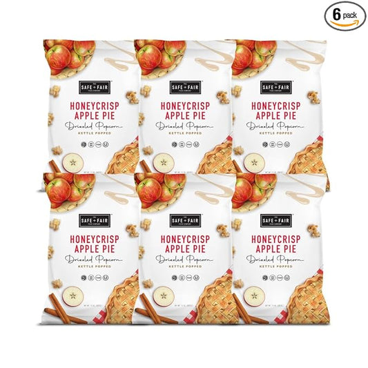 Safe + Fair Plant-Based Gourmet Apple Pie Flavored Popcorn - Honeycrisp Apple Pie Drizzled Kettle Corn Popcorn Non-GMO Gluten-Free Snacks 5.5 ounce, 6 Pack