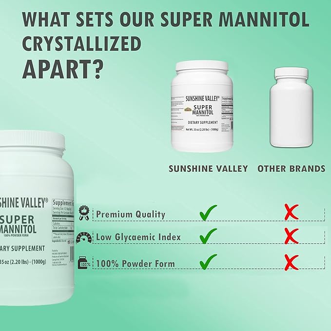 Sunshine Valley짰 Super Mannitol Powder, Natural & Healthy Artificial Sweetener, Ultra-Pure Sugar Substitute, Low Glycemic Dietary Supplement (35 Fl oz)