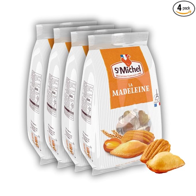 St Michel Traditional Madeleines French Sponge Cakes Made In France, Pack of 4 (250g each) Non-GMO. Total of 40 Individually Wrapped All Butter Traditional Madeleines Sponge Cakes