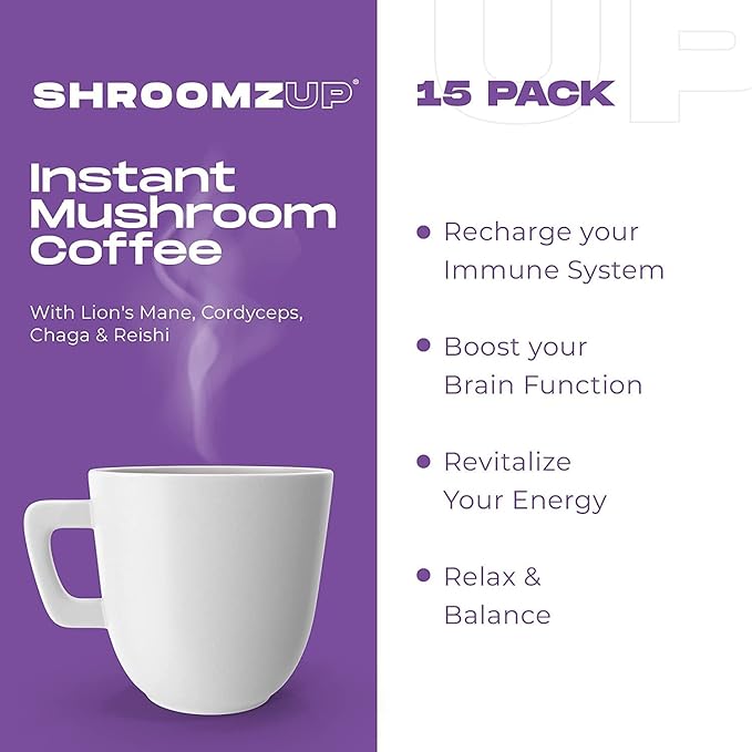 Shroomzup Mushroom Coffee Instant - 15 Single Serve Packets with 4 Mushrooms - Lion’s Mane, Reishi Chaga Cordyceps - Vegan Nootropic Coffee for Energy