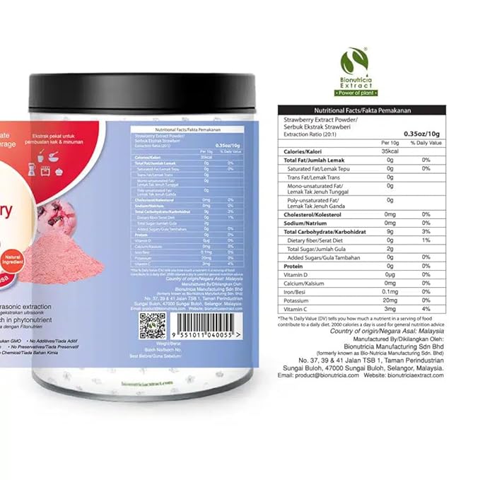 Bionutricia Strawberry Extract Powder 20:1 ??No Sugar Added, Rich in Vitamin C & Antioxidants, Great for Smoothies, Baking & Drinks, Vegan, Non-GMO, 200g (7Oz)