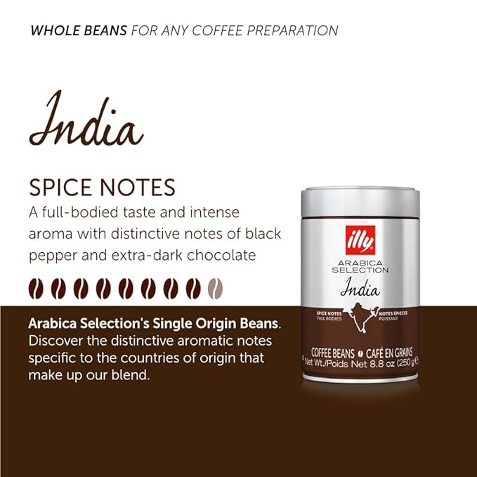 illy Whole Bean Coffee, Arabica Selections, India, Single Origin, 100% Arabica, All-Natural, No Preservatives, 250g (Pack of 1)