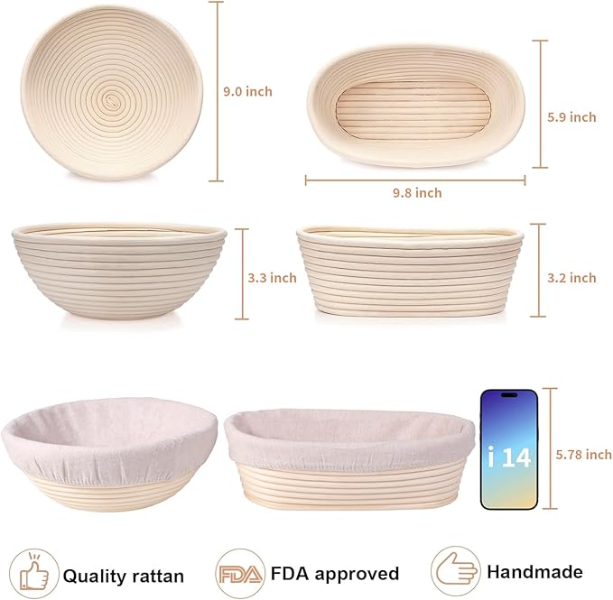 Banneton Bread Proofing Basket Set of 2, 9 Inch Round &10 Inch Oval Sourdough Bread Baking Suppliest, with Linen Liner,Danish Whisk,Bread Lame,Doung Scarper, Cleaning Brush for Bread Baking