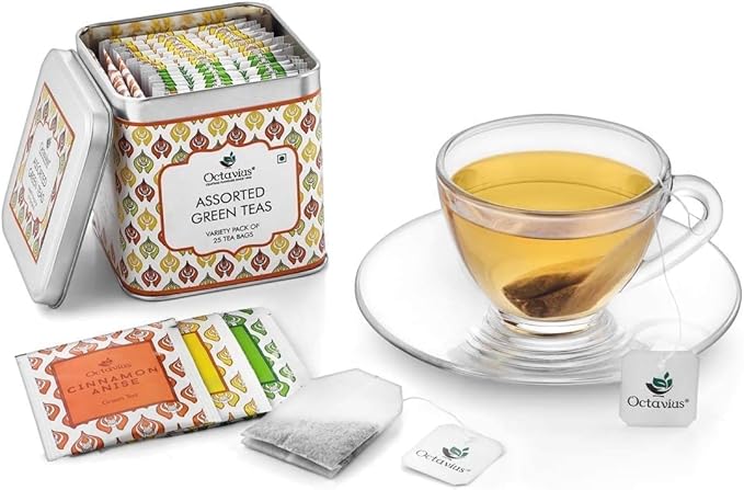 Octavius Green Tea Variety Pack | 3 Assorted Green Teas ??Lemon Honey, Cinnamon Anise & Pure Green | 25 Tea Bags Each | Detox & Antioxidant-Rich | Tea Sampler Pack | Pack of 4