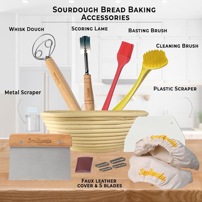 Round Banneton Bread Proofing Basket with Linen Liner, 9??Bread Basket with 6 Essential Bread Making Tools ??Natural Rattan Sourdough Banneton Basket Kit for Baking Enthusiasts