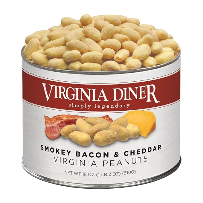 Virginia Diner Smokey Bacon Cheddar, Blister Roasted Gourmet Natural Virginia Peanuts, Gourmet Nuts in Resealable Tin 18 oz