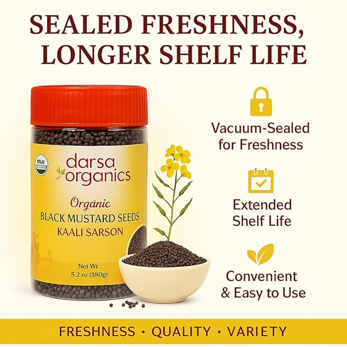Darsa Organics Black Mustard Seeds 5.3 oz - Premium Quality USDA Organic Certified Black Mustard Seeds for Pickles, Curries, & Spice Blends, Non-GMO, Gluten-Free, Kosher packed in a BPA Free Jar