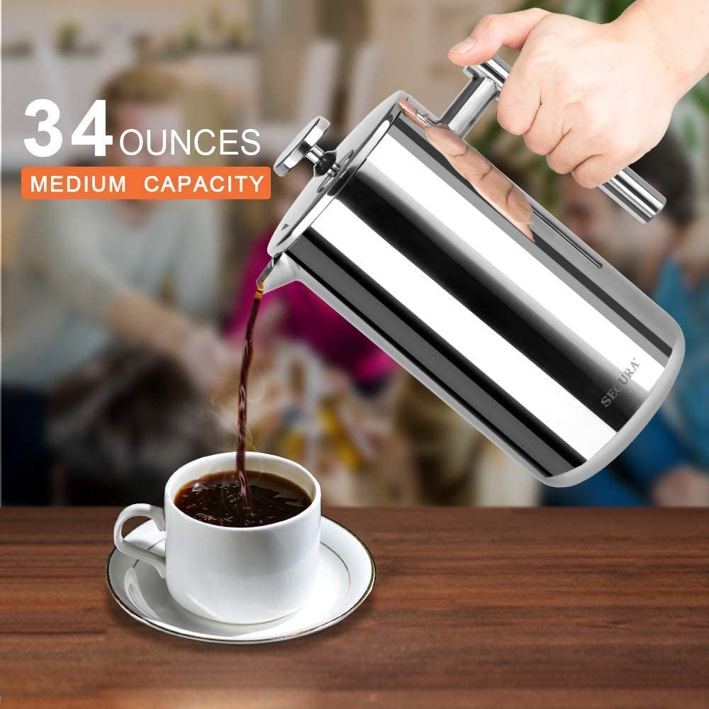 Secura French Press Coffee Maker, 304 Grade Stainless Steel Insulated Coffee Press with 2 Extra