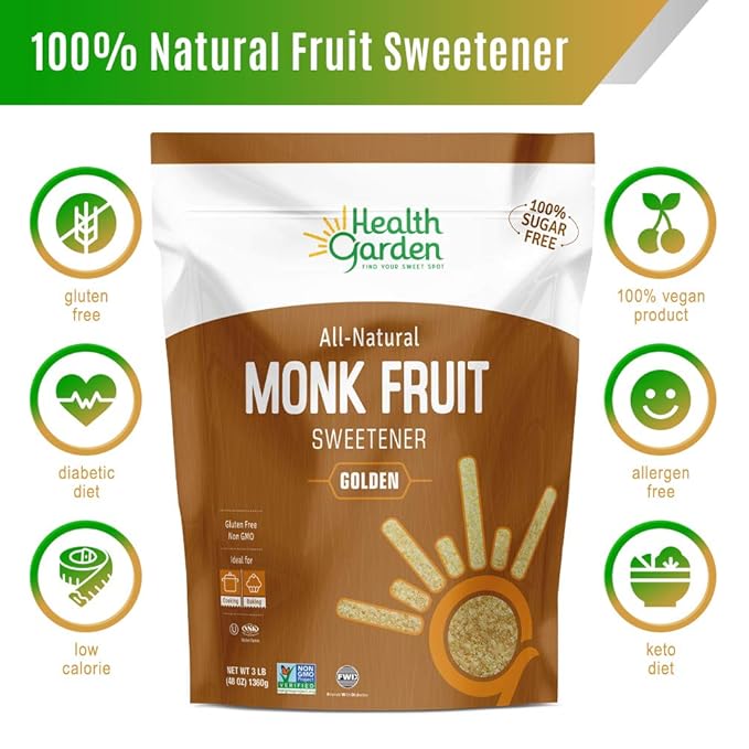 Health Garden Monk Fruit Sweetener, Golden- Non GMO - Gluten Free - 1:1 Sugar Substitute - Kosher - Keto Friendly (4.75 Lb)