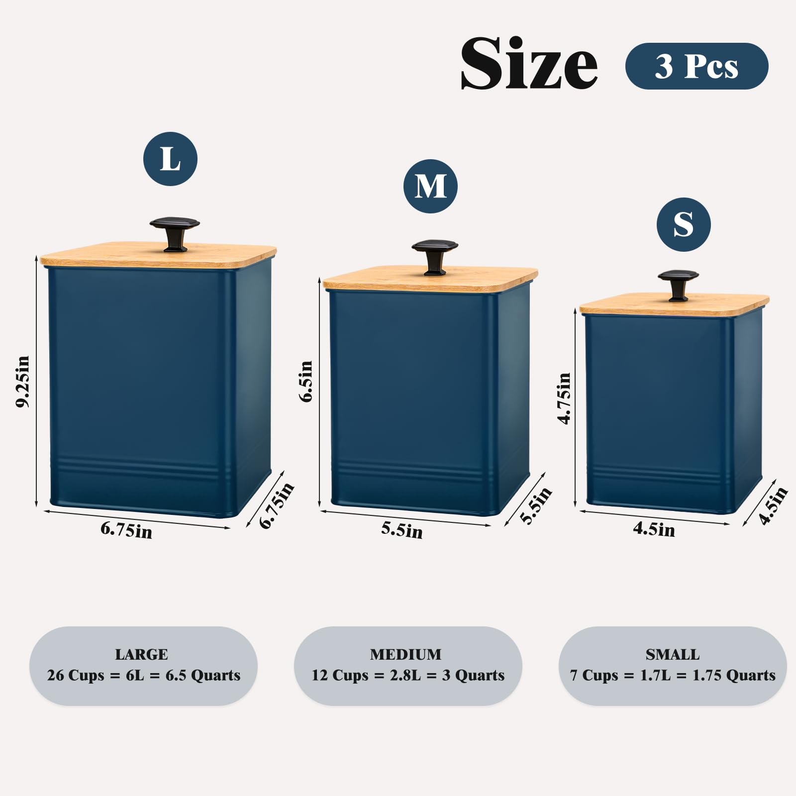Kitchen Canisters Set of 3, Metal Flour Sugar Storage Containers with Airtight Lids-Canisters Sets