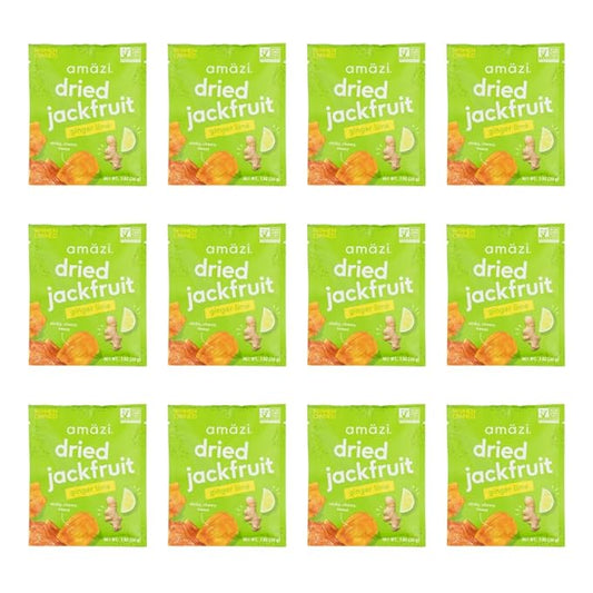 Am채zi Foods | Ginger Lime Dried Jackfruit (12 Pack) | All Natural Mini Travel Snacks | Gluten Free Healthy Dried Fruit Snacks