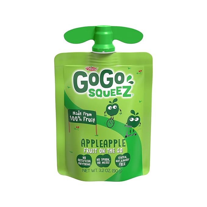 GoGo squeeZ Applesauce and Fruit Puree, Apple Apple, 3.2 oz (Pack of 48), Unsweetened Fruit Snacks for Kids, Gluten Free, Nut Free and Dairy Free, Recloseable Cap, BPA Free Pouches