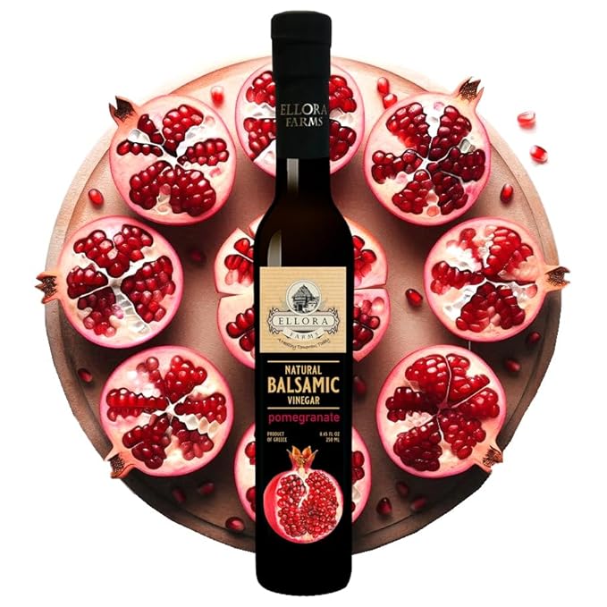 Ellora Farms, Pomegranate Infused Thick Aged Balsamic Vinegar, No-Added Sugar, No-Preservatives, Glass Bottle, 8.45 oz., Pack of 1